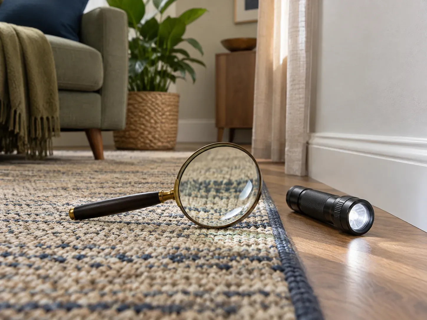 Loupe et lampe près d’un tapis et de plinthes propres