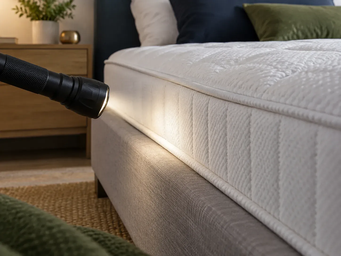 Lampe inspectant les coutures d’un matelas propre, sans personne